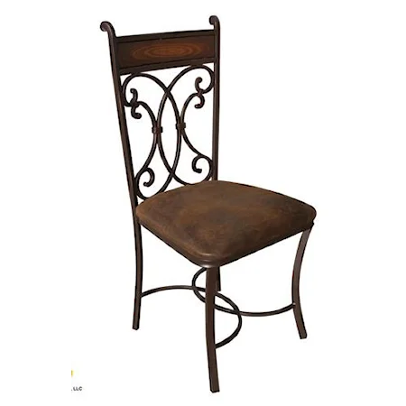 Dining Side Chair with Brown Upholstered Seat and Scrolled Iron Back